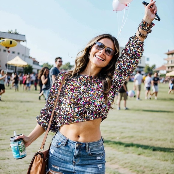 NWOT Sequined Glittery Round Neck Crop Top w/Balloon Long Sleeve, Sz Bust 45.6” - Picture 2 of 8